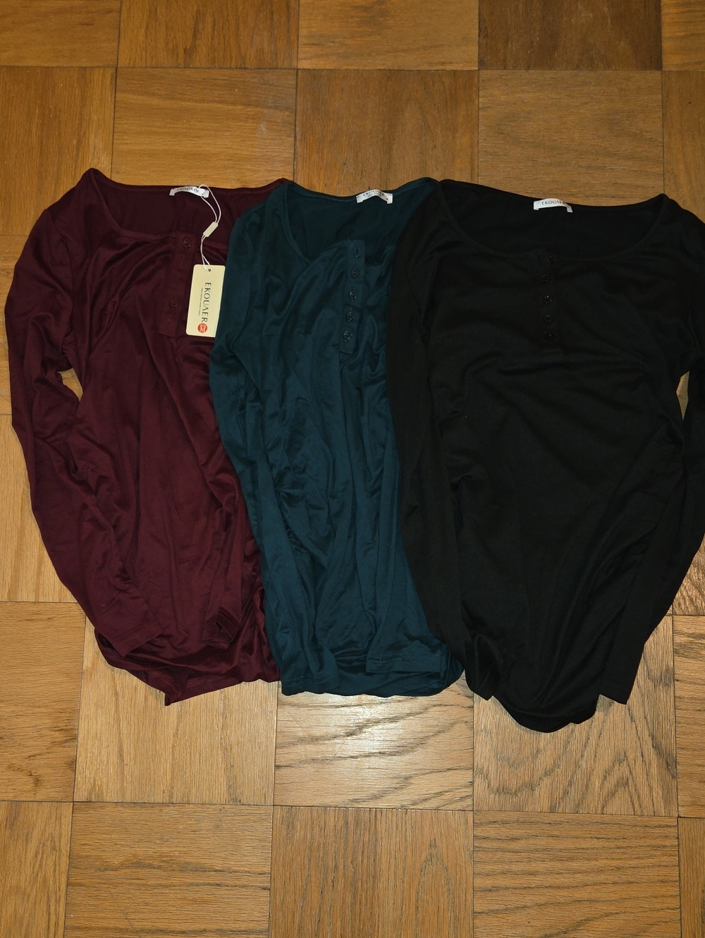 Ekouaer  Burgundy, Green and Black Long Sleeve Henley Maternity Long Sleeve